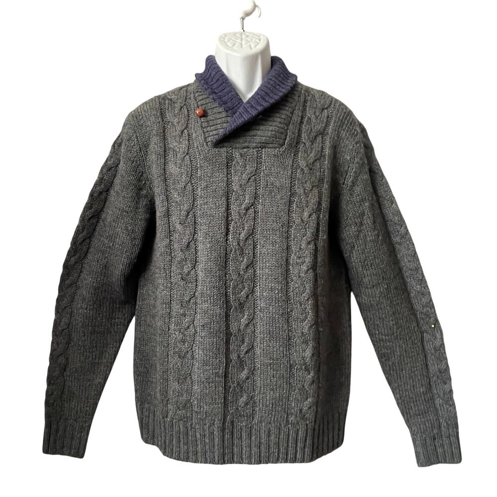 VINTAGE 90s GANT Charcoal Worsted Wool Shawl Collar Cable Knit Sweater Size L